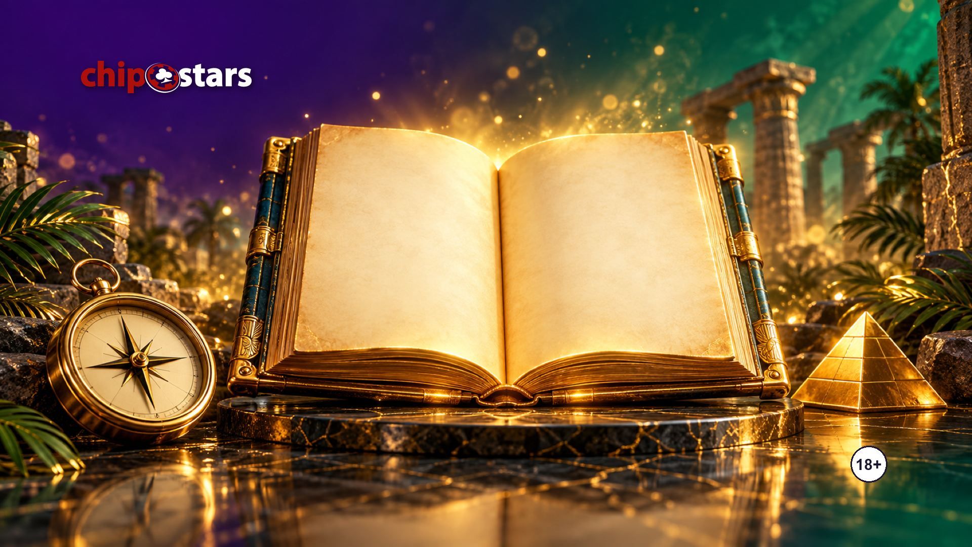 Glowing open ancient book with a brass compass and a golden pyramid: Book of Dead slot review at Chipstars