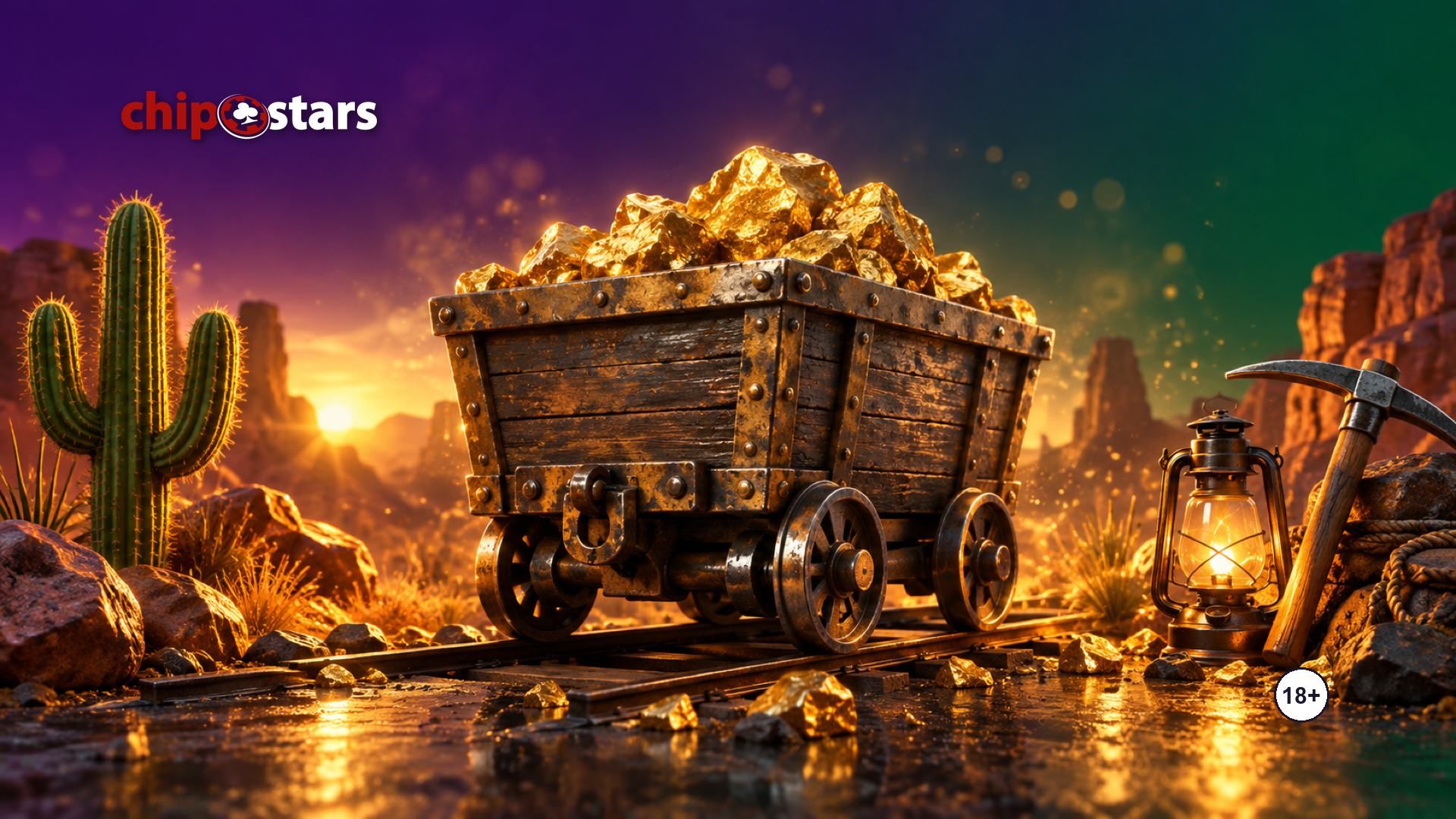 Mine cart of gold nuggets in the desert with a cactus, lantern and pickaxe: Gold Rush with Johnny Cash slot review at Chipstars